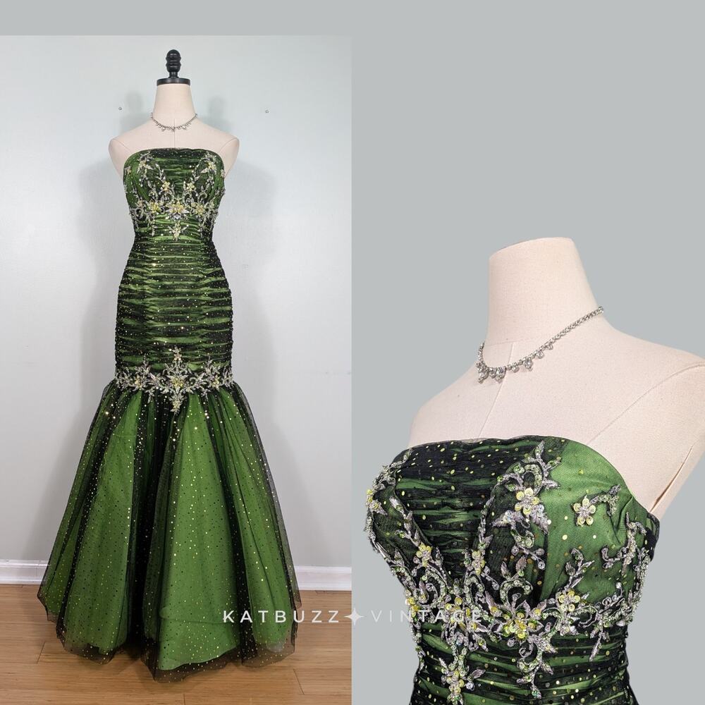 Vintage Prom Dress Maxi Gown 4 Green Black Y2K Strapless Mermaid Goth Glam Bead